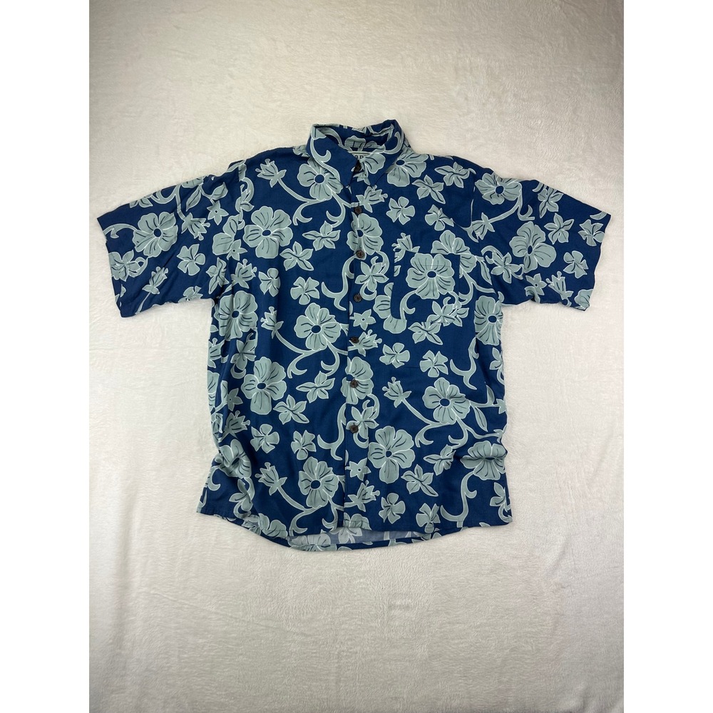 Hana Bay Hawaiian Shirt Mens L Blue‎ Floral Rayon Button Up Tropical VTG Relaxed